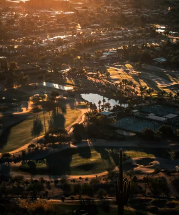 Aerial view of a desert cityscape at sunset, showcasing golf courses, scattered palm trees, and a large cactus in the foreground. Soft golden light casts long shadows across the landscape, with distant buildings blurred in the background. - Hausion