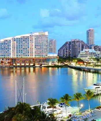 A scenic coastal cityscape during twilight featuring high-rise buildings along the waterfront, luxury yachts docked at a marina, and palm trees lining the shore. The calm water reflects the vibrant lights of the buildings and the sky has a few clouds. - Hausion