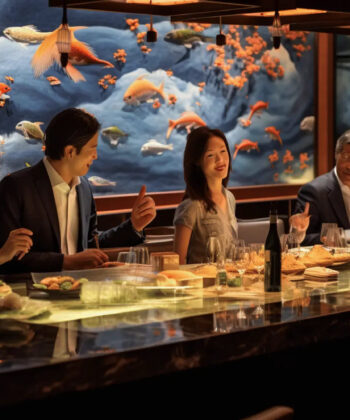 A diverse group of individuals gathered around a table, with a vibrant mural serving as a backdrop. - Hausion