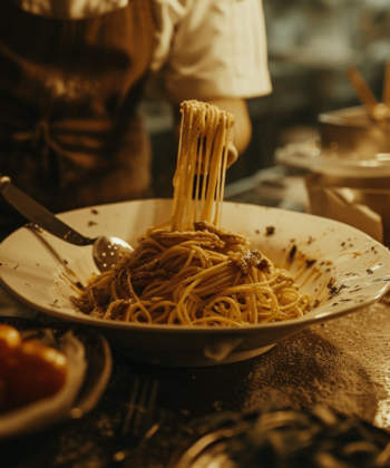 A chef is seen preparing spaghetti in a bowl, capturing the essence of Italian cuisine and culinary craftsmanship. - Hausion