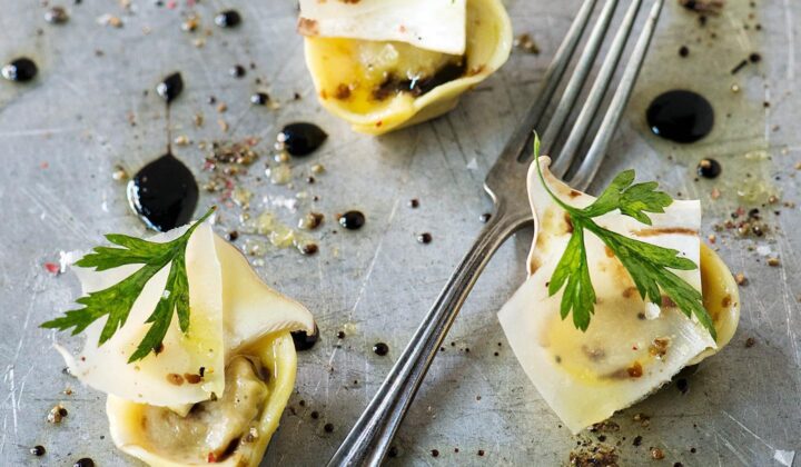 Three pieces of gourmet tortellini garnished with cheese shavings, black sauce, greens, and spices are arranged around a fork on a metal surface. Splashes of black sauce and salt crystals add visual interest to the composition. - Hausion