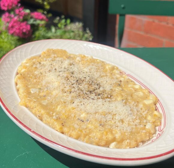 A bowl of creamy risotto topped with grated cheese and freshly ground black pepper, placed on a green table outdoors. Bright pink flowers and green foliage are blurred in the background, providing a pleasant, summery atmosphere. - Hausion