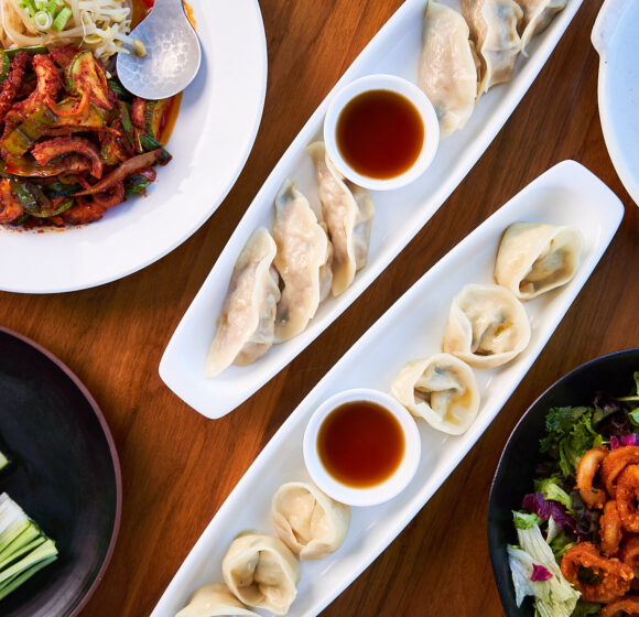 An assortment of dishes on a wooden table. The centerpiece consists of dumplings served with soy sauce in white elongated plates. Surrounding dishes include a variety of meats, vegetables, and a salad, presenting a diverse and colorful meal spread. - Hausion